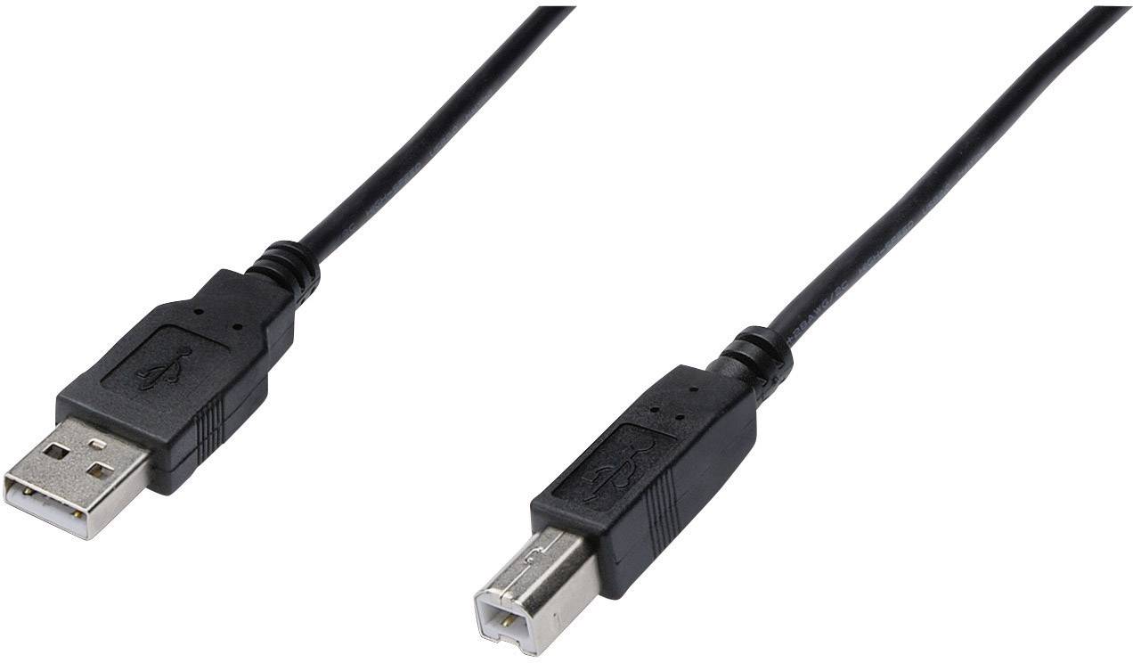 Ein USB-Kabel mit einem USB-Typ-A-Stecker und einem USB-Typ-B-Stecker, die jeweils durch ein schwarzes Kabel verbunden sind.