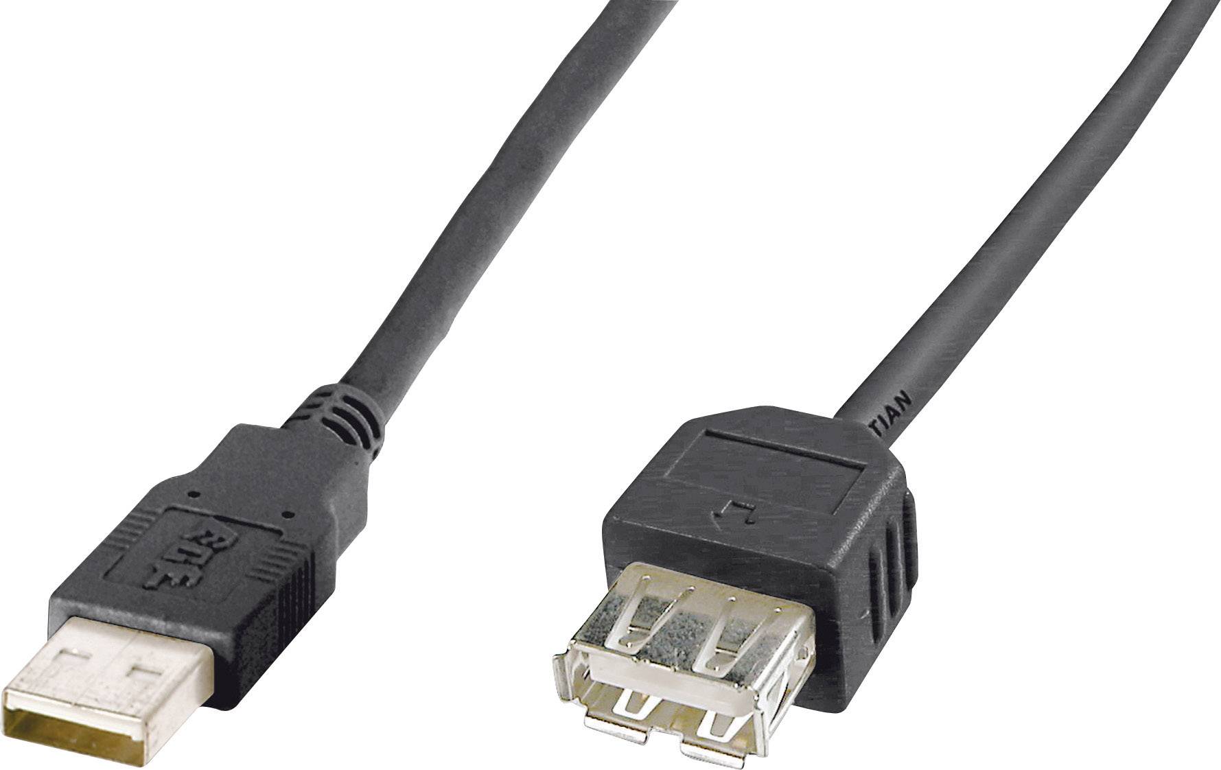 Ein schwarzes USB-Verlängerungskabel mit einem USB-A-Stecker links und einer USB-A-Buchse rechts.