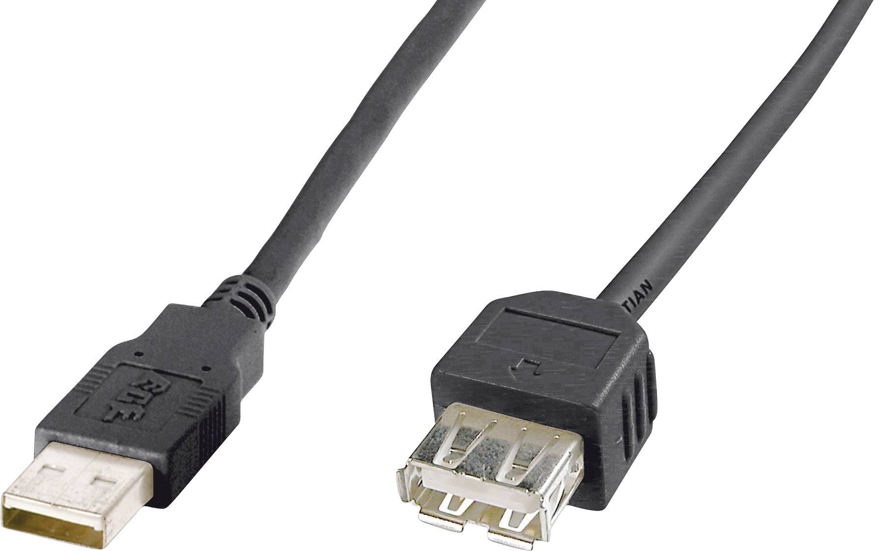 Schwarzes USB-Verlängerungskabel mit einem USB-Stecker auf der einen und einer USB-Buchse auf der anderen Seite.