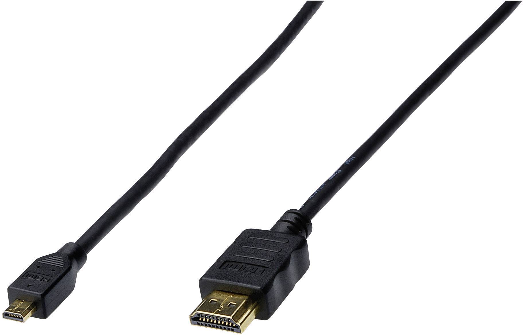 Ein schwarzes HDMI-Kabel mit einem Mikro-HDMI-Anschluss auf der einen Seite und einem Standard-HDMI-Anschluss auf der anderen Seite.