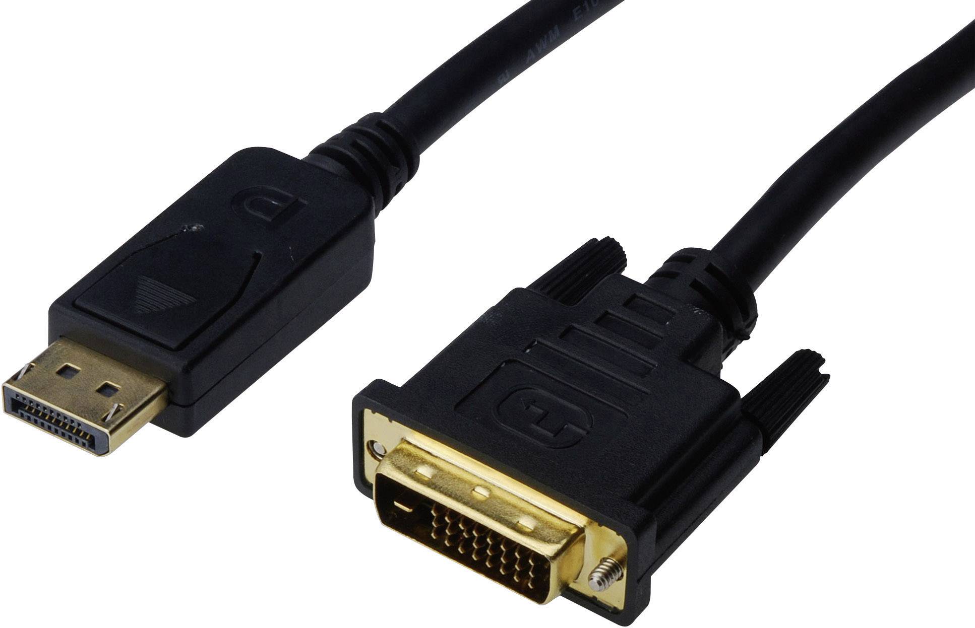 DisplayPort-zu-DVI-D-Kabel, zeigt zwei Steckertypen. Links ein DisplayPort-Stecker, rechts ein DVI-D-Stecker für Videoverbindungen.