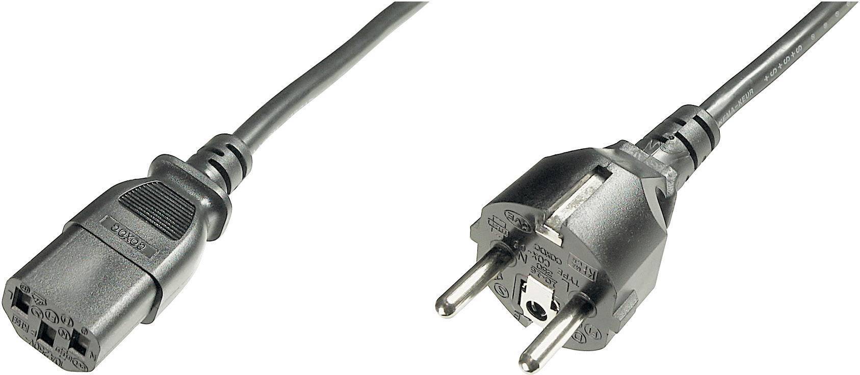 Ein schwarzes Netzkabel mit einem Schukostecker rechts und einem IEC-Stecker links, oft für Computer und Elektronikgeräte verwendet.