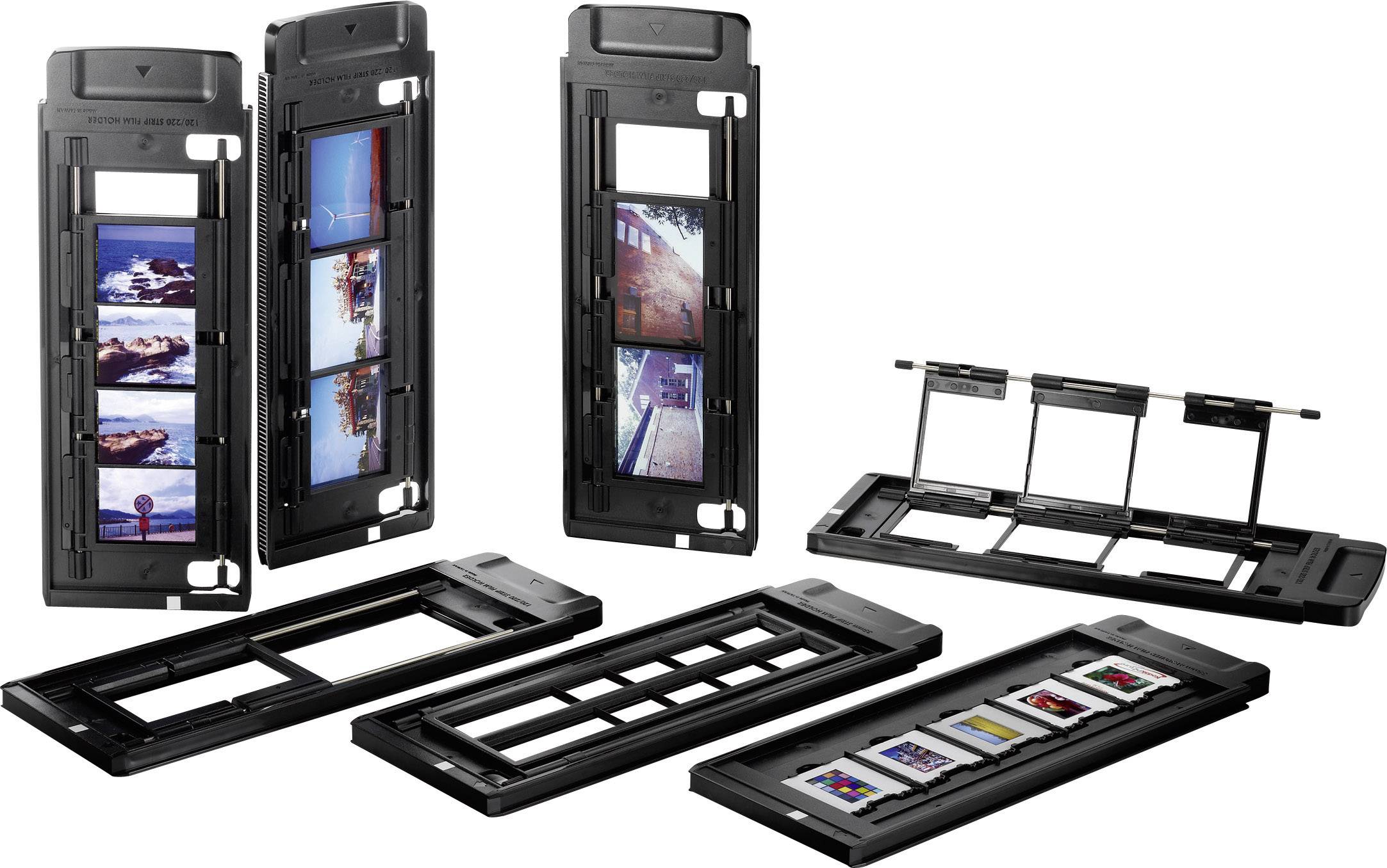Filmhalter für Scanner mit eingelegten Filmen und Dias, die verschiedene Fotos zeigen. Geeignet zur Digitalisierung von Filmen.