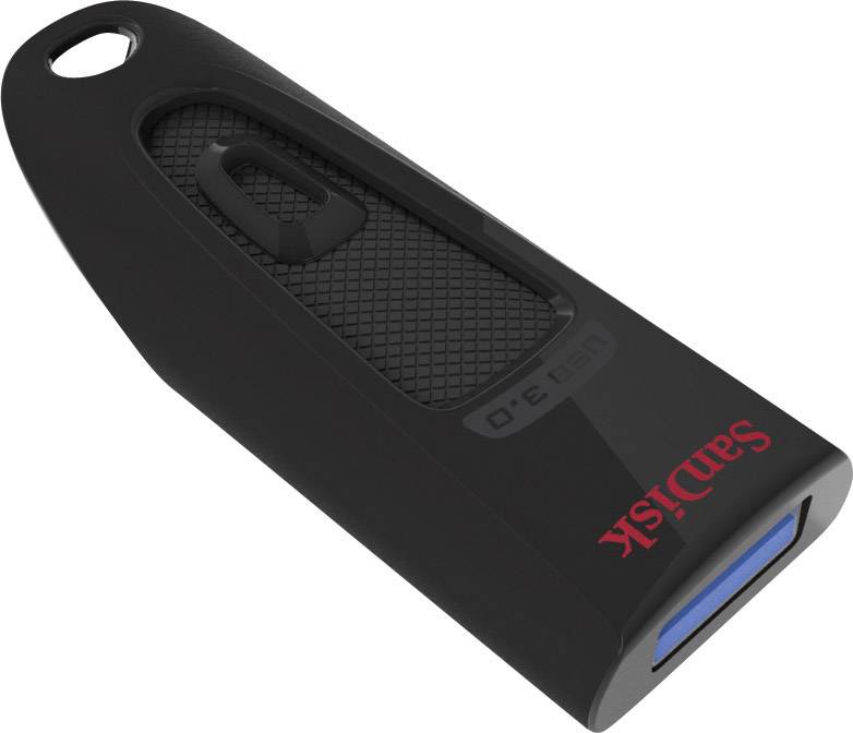 Schwarzer USB-Stick der Marke SanDisk mit blauer Anschlussfläche und aufgedrucktem Logo.