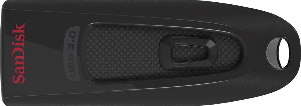 Schwarzer USB-Stick mit Schiebemechanismus und rotem 'SanDisk'-Logo auf der linken Seite.