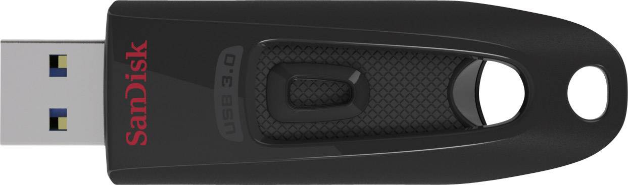 Schwarzer USB-Stick der Marke SanDisk mit USB 3.0-Anschluss, hervorgehobenes Markenlogo in Rot auf der Oberseite.