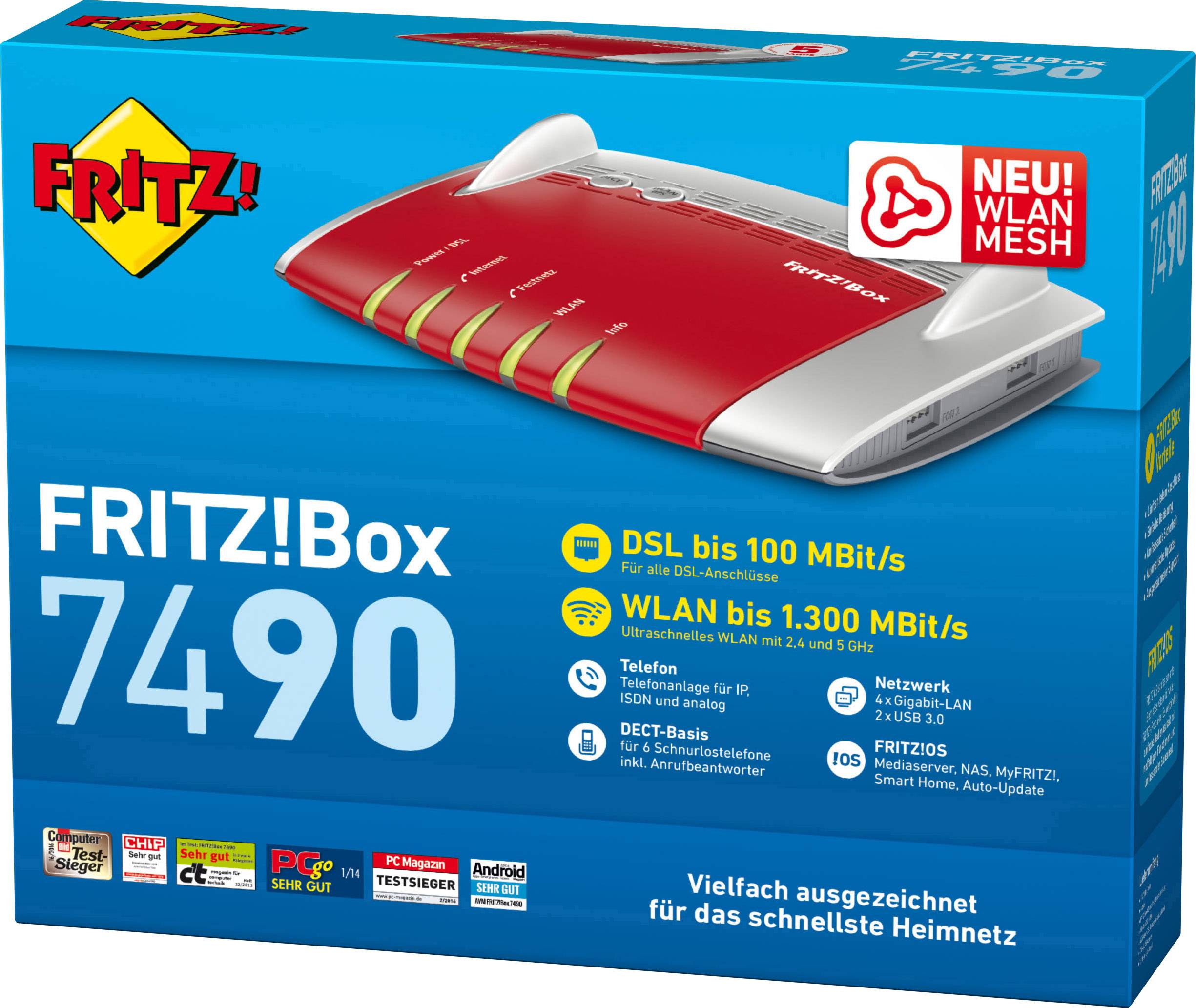 AVM FRITZ!Box 7490 WLAN Router mit Modem Integriertes Modem: ADSL, ADSL2+, VDSL 2.4 GHz, 5 GHz 1.75 GBit/s