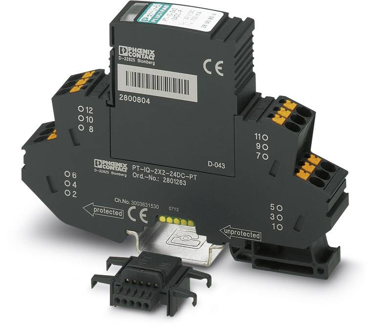 Elektronisches Bauteil für Hutschienenmontage mit mehreren Anschlüssen, das zur Überspannungsschutz in elektrischen Geräten dient.