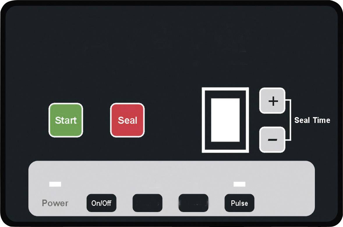 Bedienfeld einer Vakuumiermaschine mit Tasten: 'Start', 'Seal', und 'On/Off'. Einstellmöglichkeiten für 'Seal Time' und 'Pulse'.