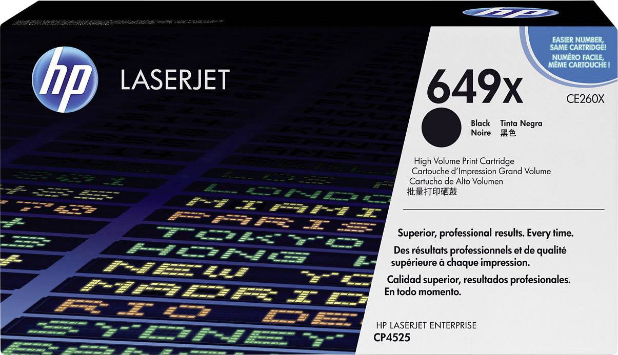Eine HP LaserJet-Tonerkartusche 649X für hohe Druckvolumen, schwarze Tinte, auf der Verpackung Text in verschiedenen Sprachen.