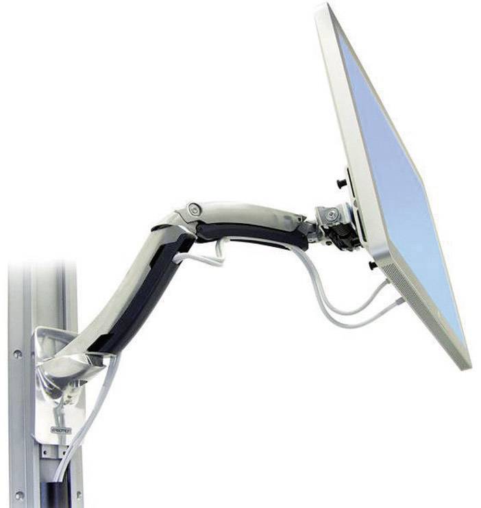 Ein Flachbildschirm ist an einem beweglichen, verstellbaren Metallarm befestigt, der an einer vertikalen Fläche montiert ist.