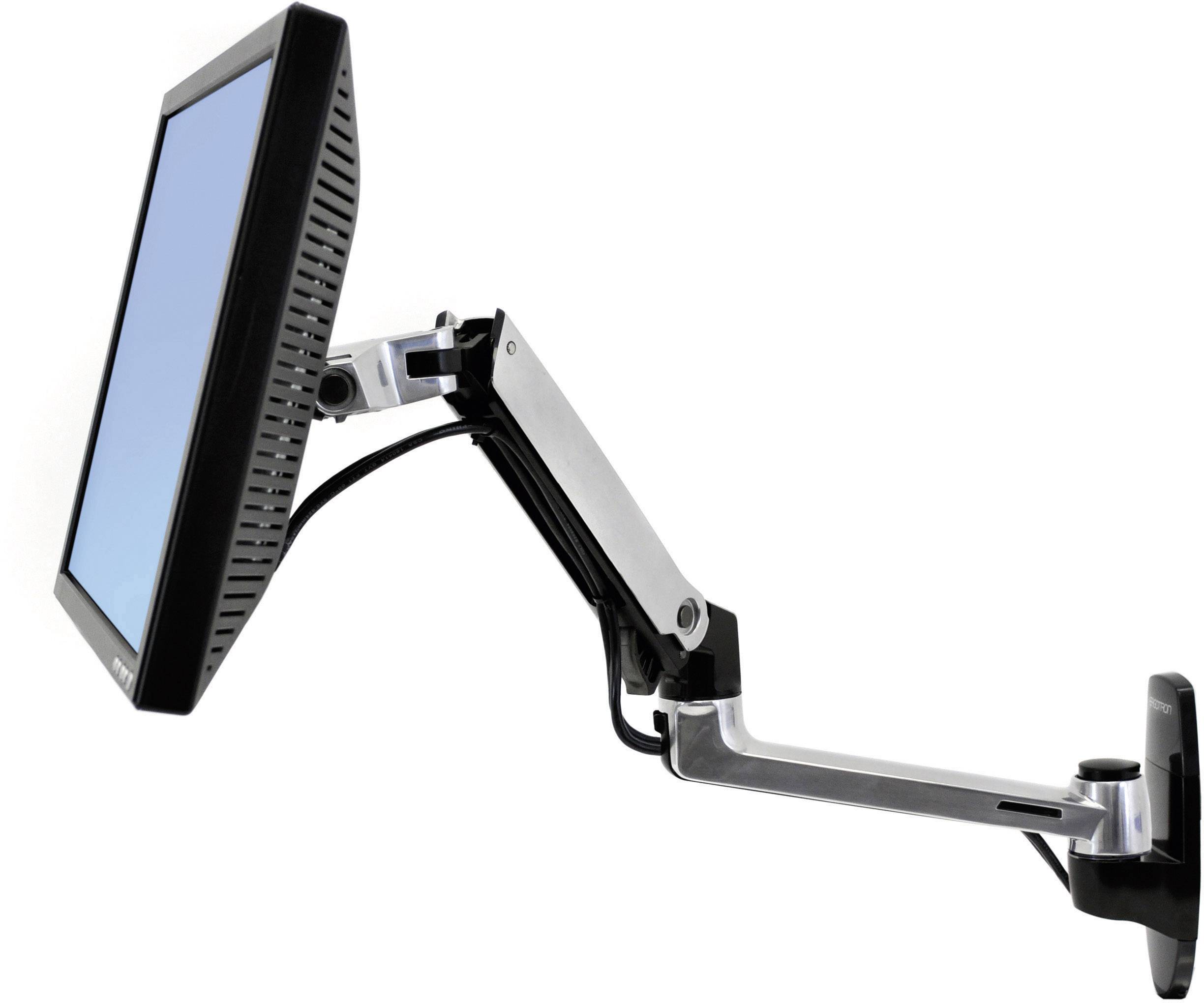 Ein Monitor ist an einem verstellbaren Wandarm befestigt und zeigt einen blauen Bildschirm. Der Arm ermöglicht flexible Positionierung.