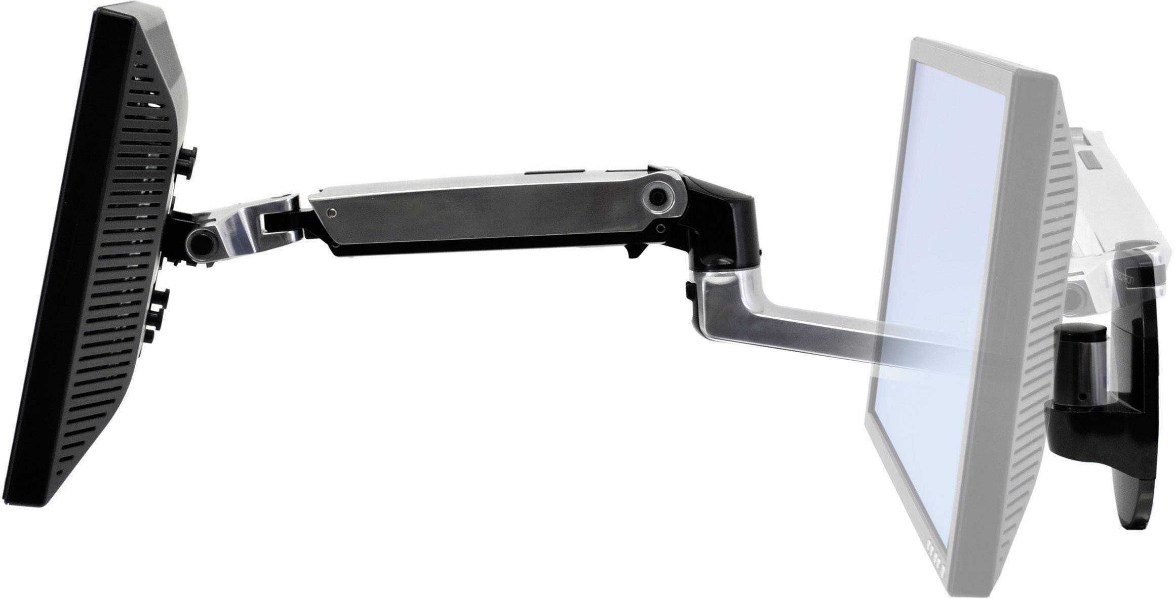 Ein beweglicher Monitorarm, der ein schwarzes Display hält, zeigt Anpassungsfähigkeit und Flexibilität der Positionierung an.
