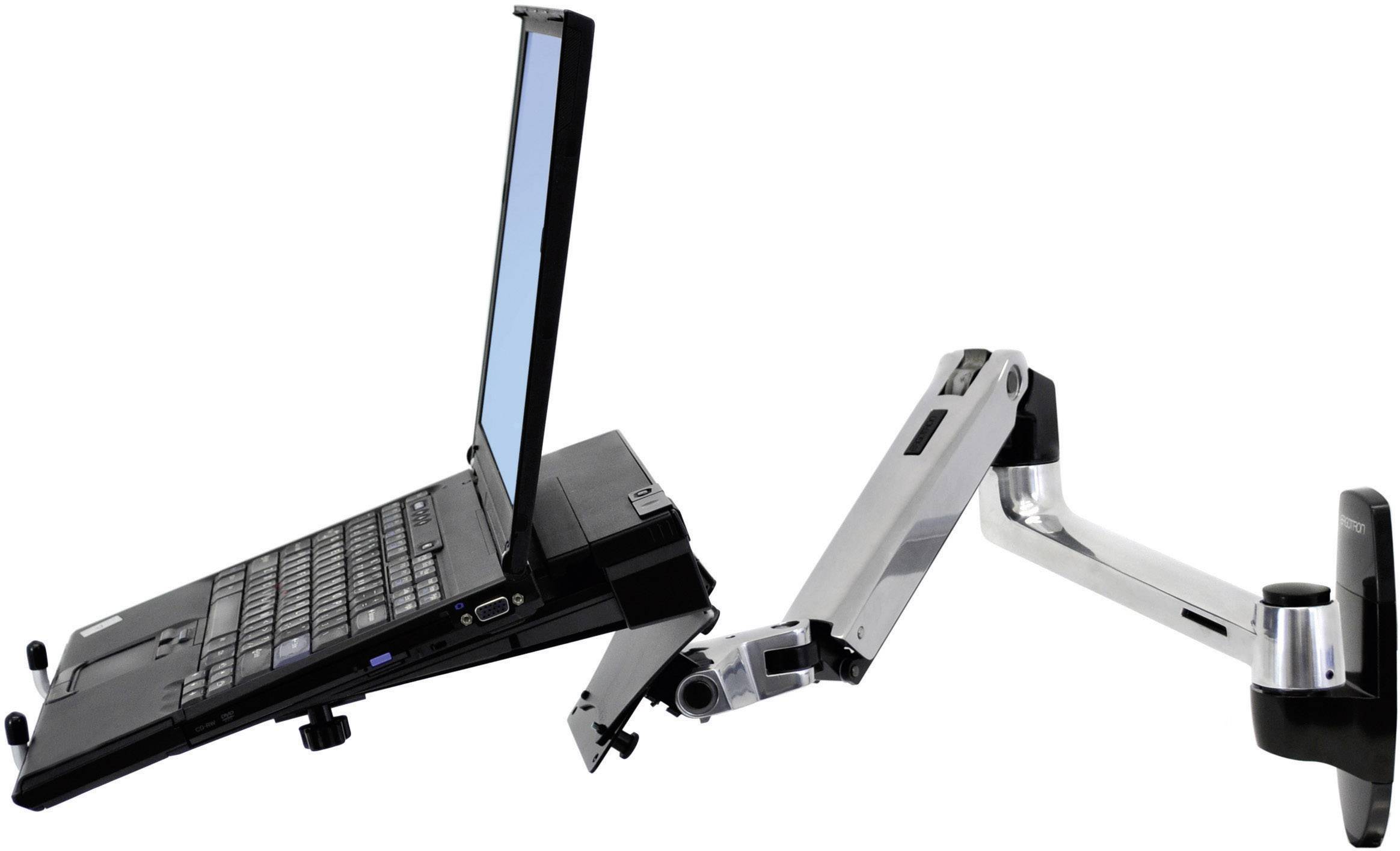 Laptop an einem beweglichen Schwenkarm befestigt, ermöglicht flexibles Positionieren des Bildschirms. Ideal für ergonomische Arbeitsplätze.