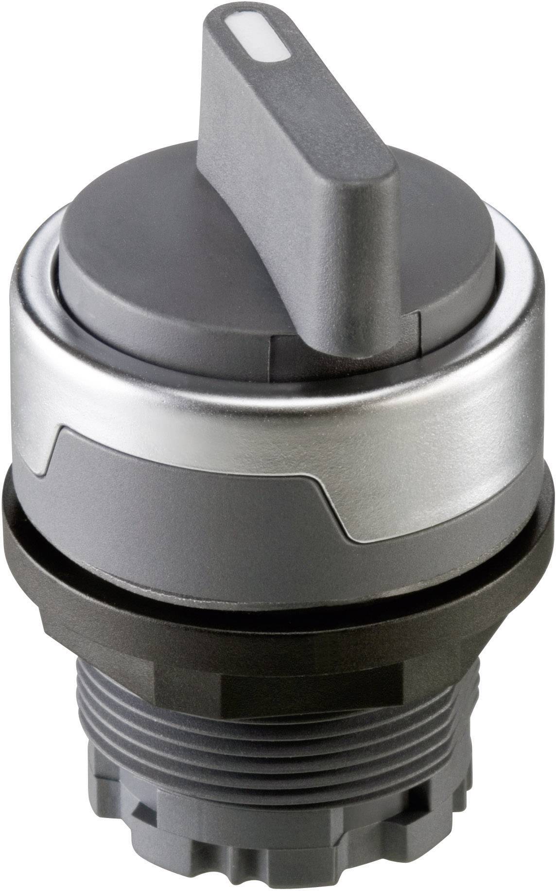 Ein grauer Drehschalter mit geriffeltem Rand und einem Hebel, der sich zur Steuerung von Mechanismen oder Geräten eignet.