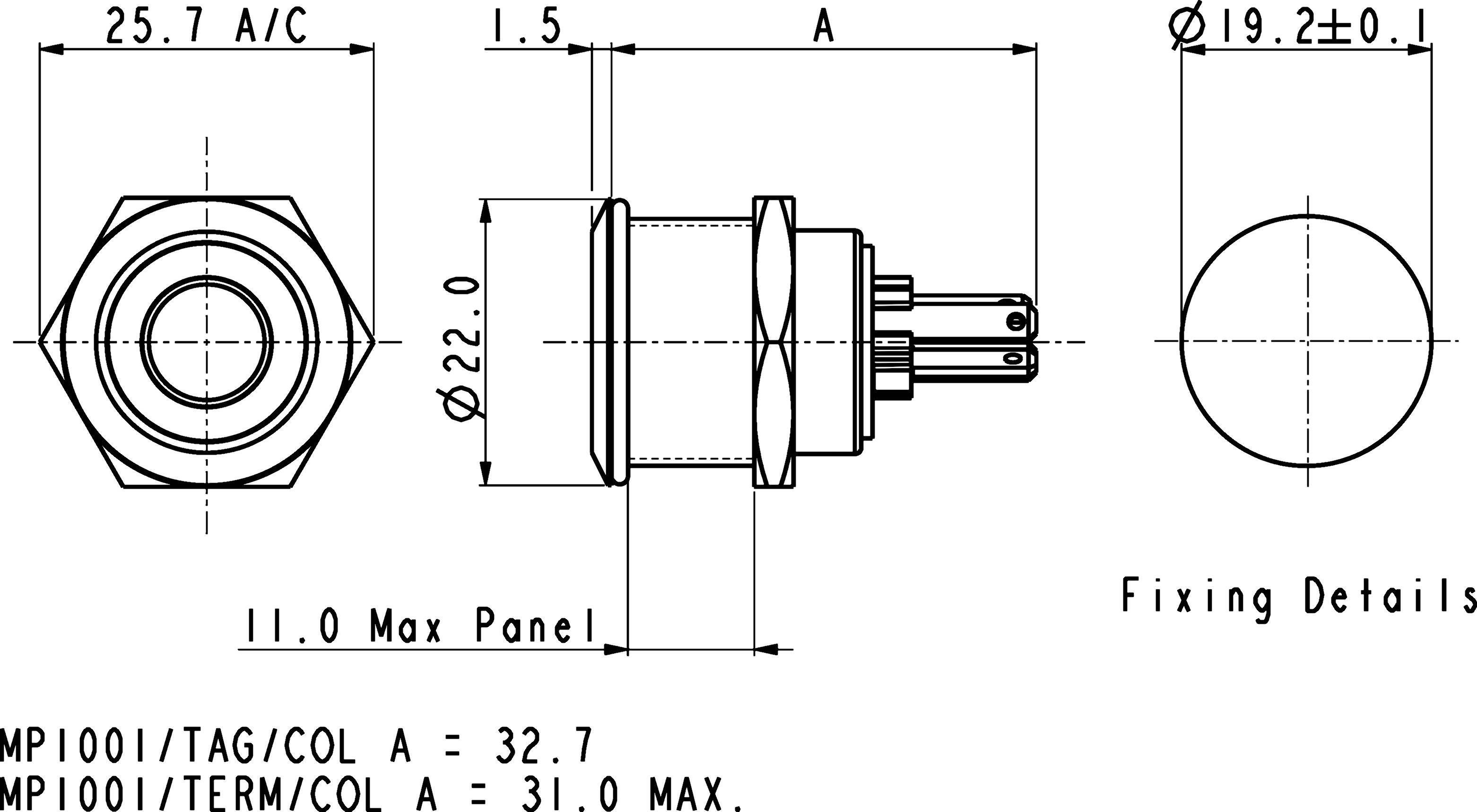 Bulgin MPI001/28/RD MPI001/28/RD Vandalismusgeschützter Drucktaster 24 V/DC 0.05A 1 x Aus/(Ein) tastend Rot (Ø x L) 22mm x 32.7mm