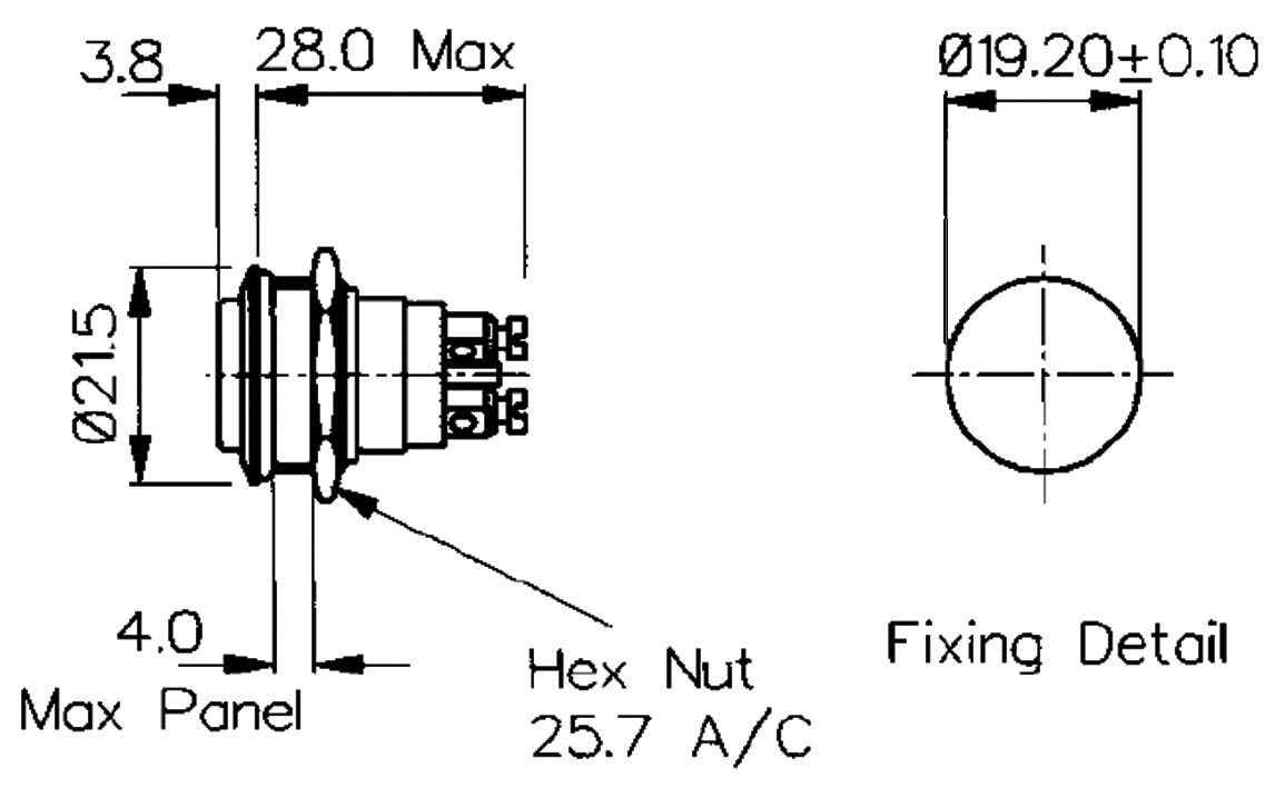 Bulgin MP0037/2 MP0037/2 Vandalismusgeschützter Drucktaster 50V 1A 1 x Aus/(Ein) tastend (Ø x L) 21.5mm x 31.8mm IP68