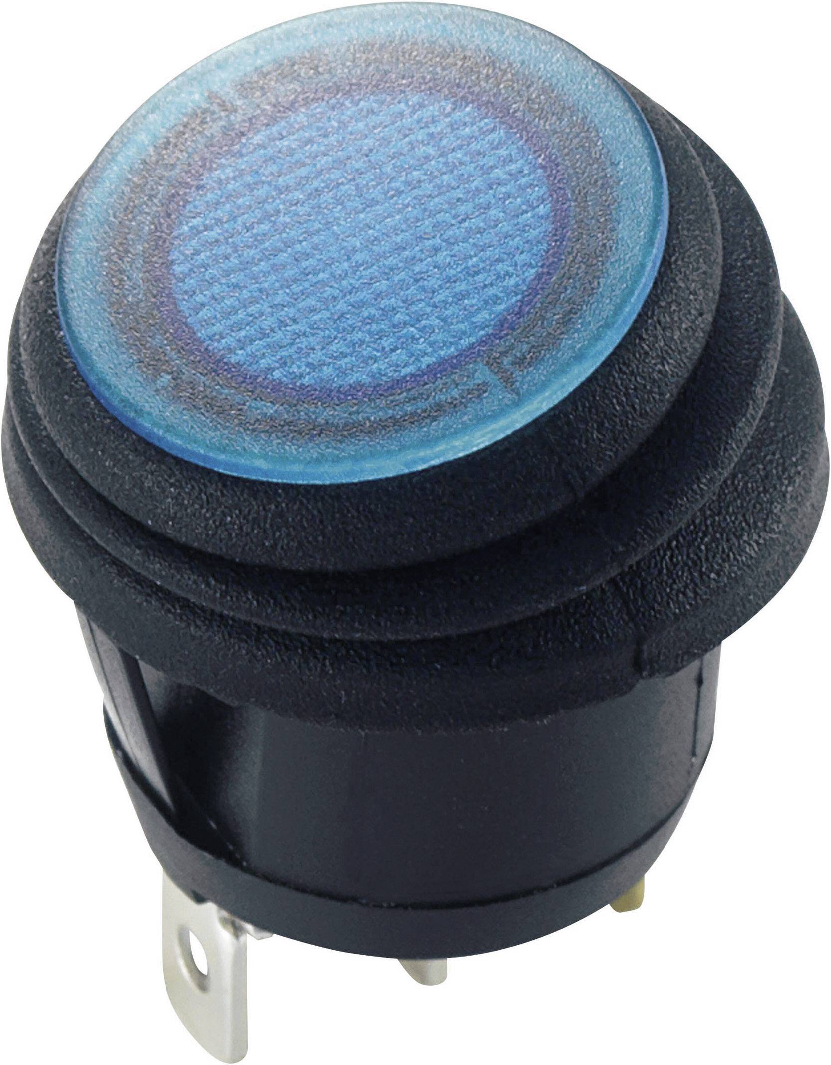 Ein runder, beleuchteter Kippschalter mit blauem Licht und Metallkontakten an der Unterseite, vorgesehen zur elektrischen Steuerung.