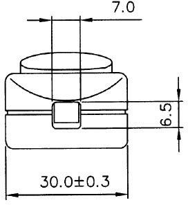 Technische Zeichnung eines Bauteils: Breite 30,0 ±0,3 mm, Höhe 6,5 mm, Oberflächenstärke 7,0 mm.