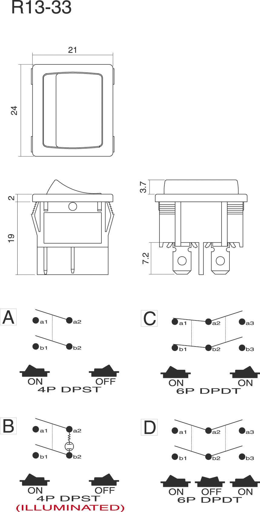 TRU Components 1587521 Wippschalter TC-R13-33D-02 250 V/AC 6A 2 x Ein/Aus/Ein rastend/0/rastend