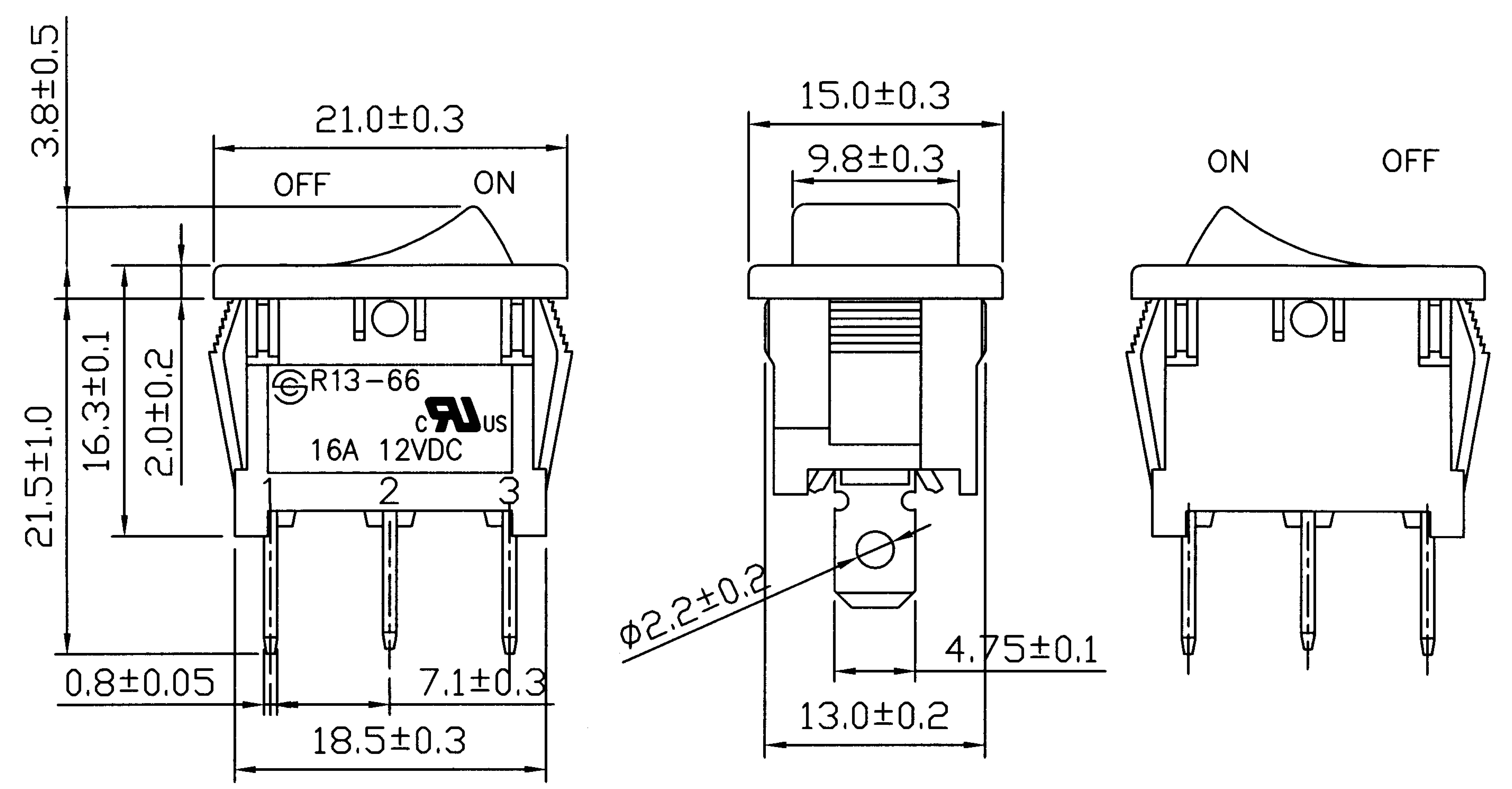 Technische Zeichnung eines Schalters: zeigt Front-, Seiten- und Oberansicht mit Maßen in Millimetern. Text: '16A 12VDC'.