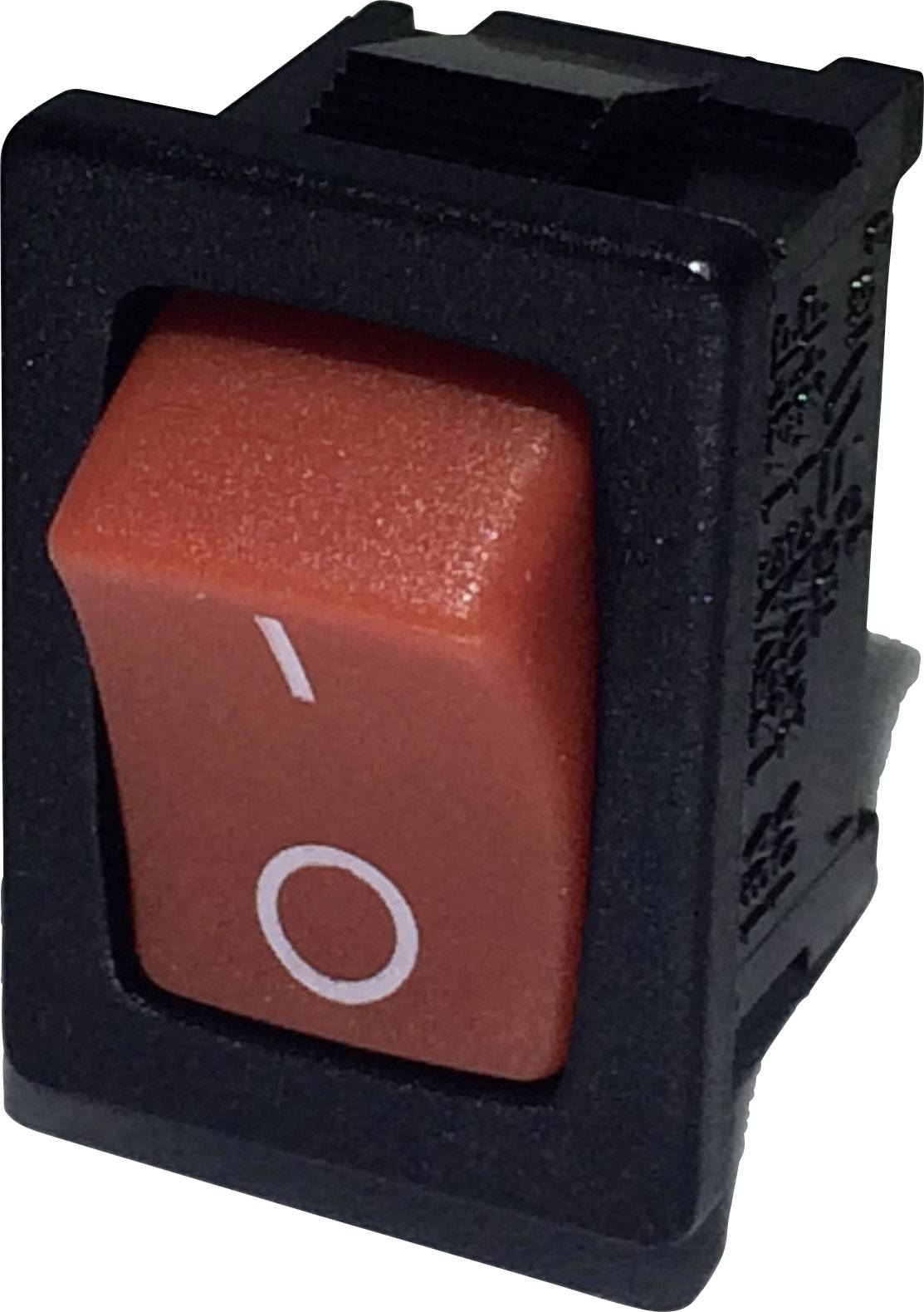Ein roter Wippschalter in der Position '0' (aus) auf schwarzem Gehäuse, häufig verwendet für Elektronikgeräte.