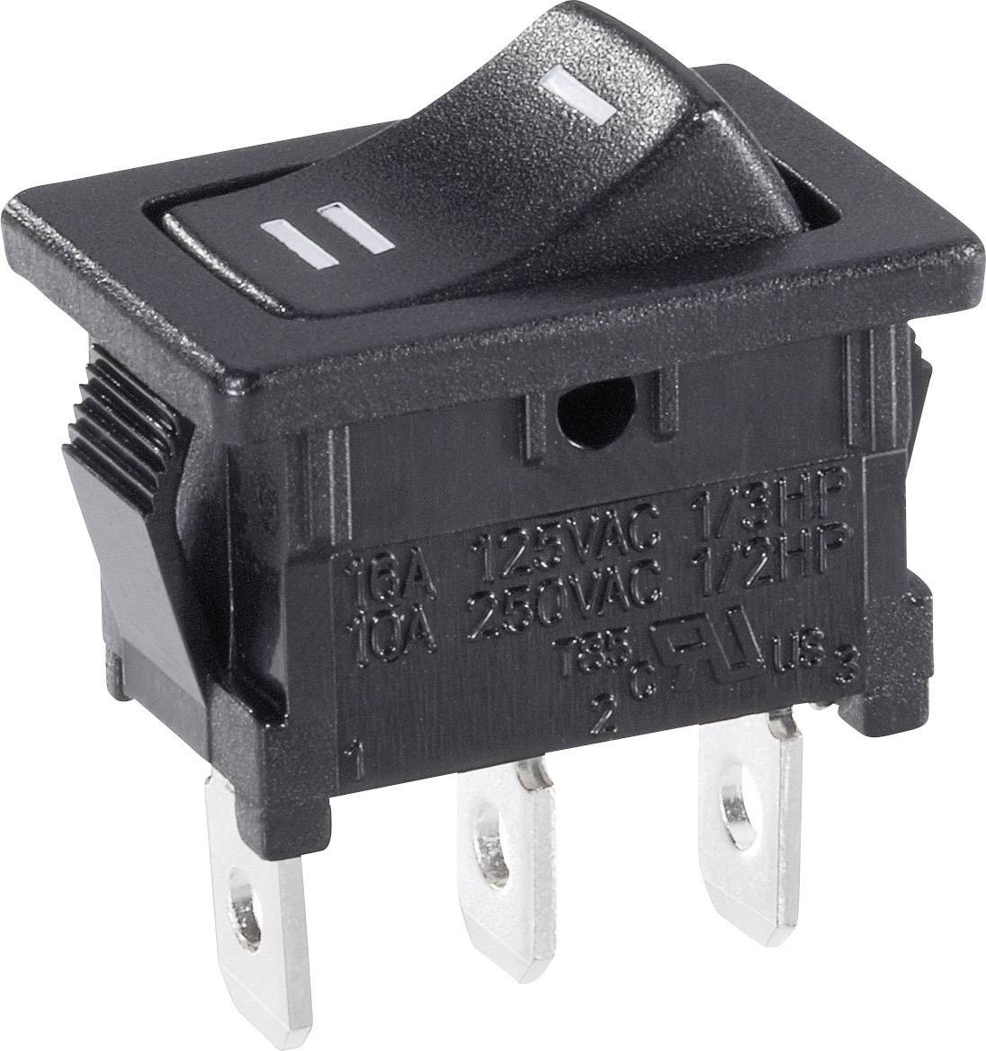 Ein schwarzer Kippschalter mit Kippschaltung, geeignet für 18A 125VAC oder 10A 250VAC. Beschriftungen für elektrischen Gebrauch.