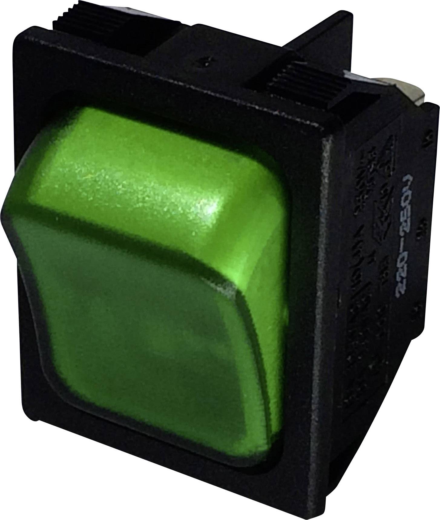 Ein grüner Kippschalter in einer schwarzen Halterung.