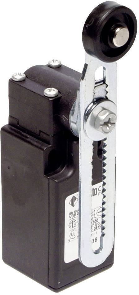 Ein mechanischer Endschalter mit Hebelarm und Zahnsegment, schwarzes Gehäuse, zur Positionsüberwachung in industriellen Anwendungen.
