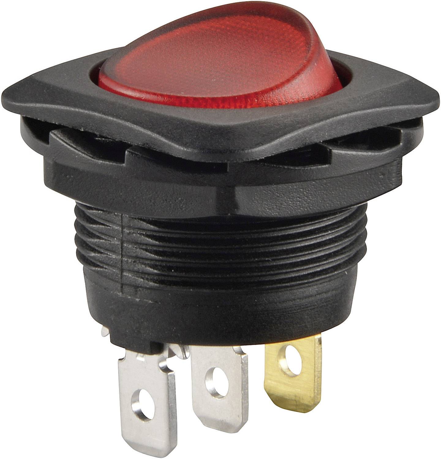 Roter Kippschalter mit schwarzem Gehäuse und drei Metallkontakten am Boden, geeignet für elektrische Schaltungen und Geräte.