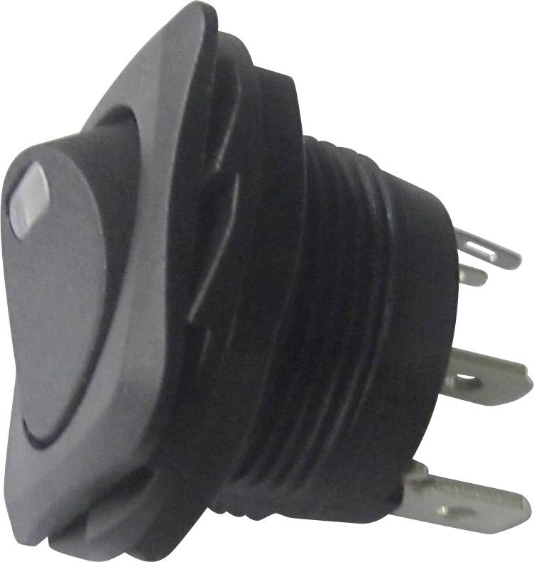 Ein schwarzer Kippschalter mit mehreren Metallanschlüssen an der Unterseite. Geeignet für elektronische Geräte oder Schaltkreise.