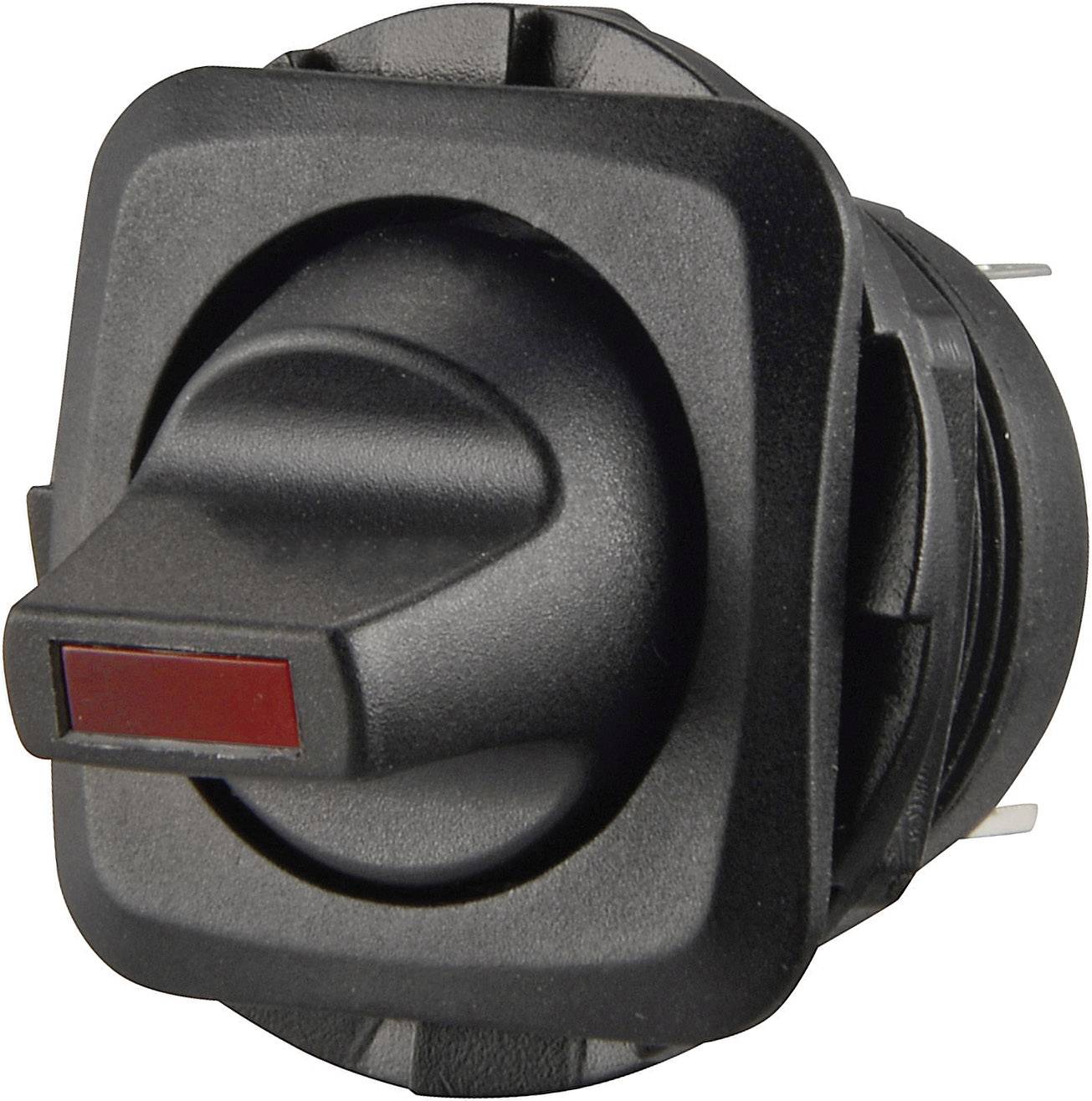 Schwarzer Drehschalter mit rotem Markierungspunkt, zeigt die vorherrschende Schalterstellung an. Elektronikkomponente.