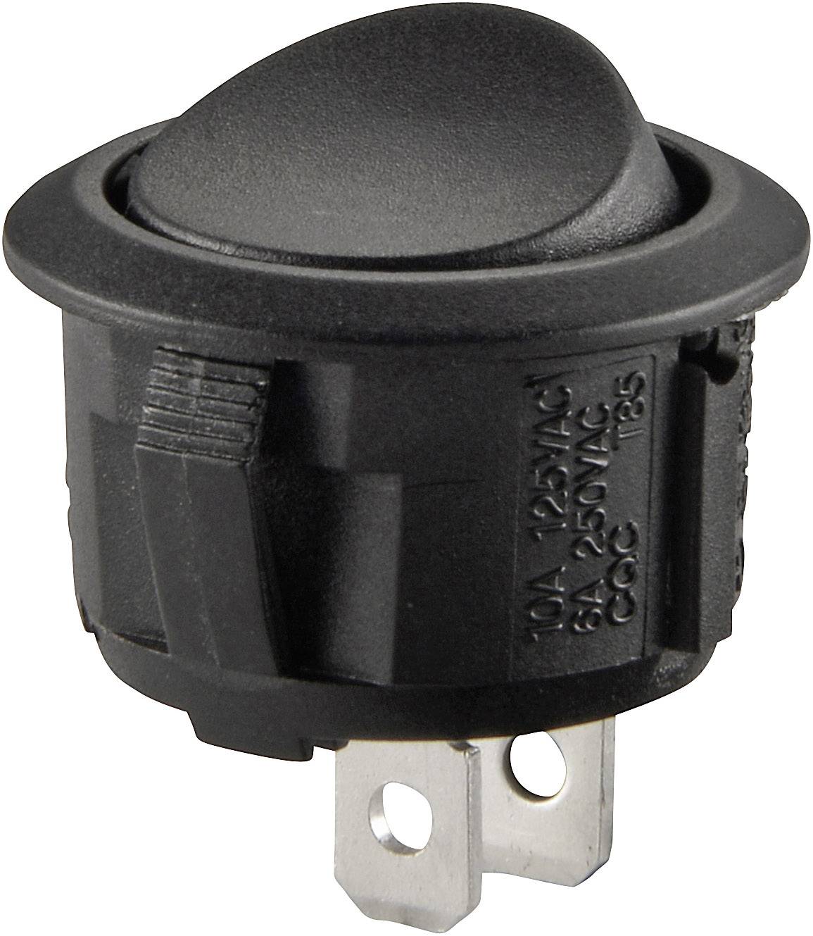 Schwarzer, runder Wippschalter mit drei Metallkontakten, geeignet für 10A/125VAC oder 6A/250VAC.