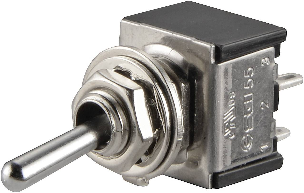 Ein metallener Kippschalter mit drei Anschlusspins an einer Seite, geeignet zur Steuerung von elektrischen Geräten oder Schaltungen.