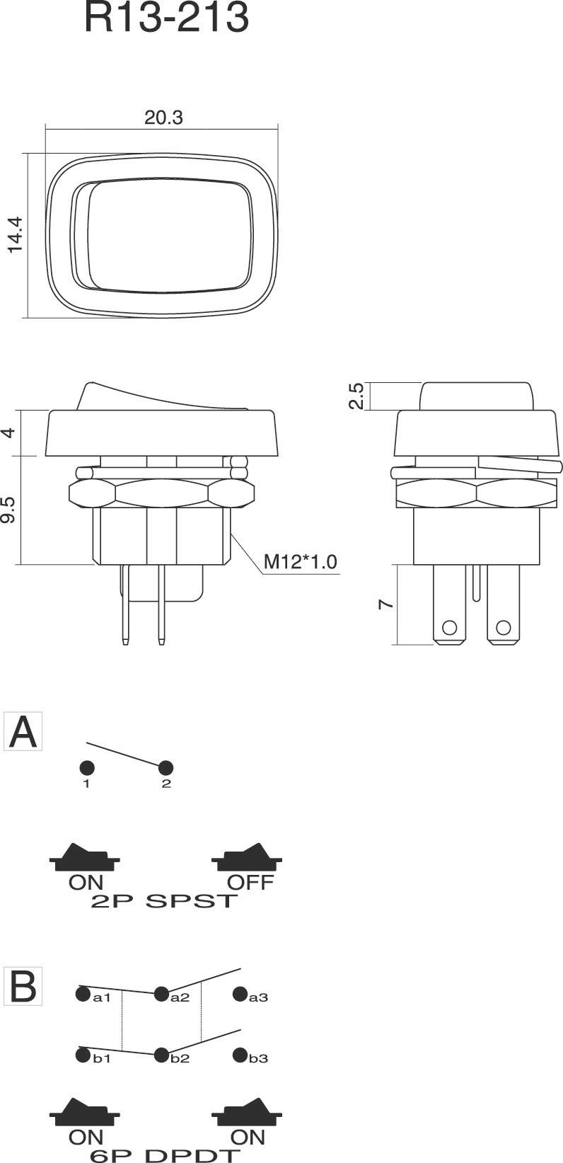 TRU Components 1587649 Wippschalter TC-R13-213B-03 250 V/AC 3A 2 x Ein/Ein rastend 1St.