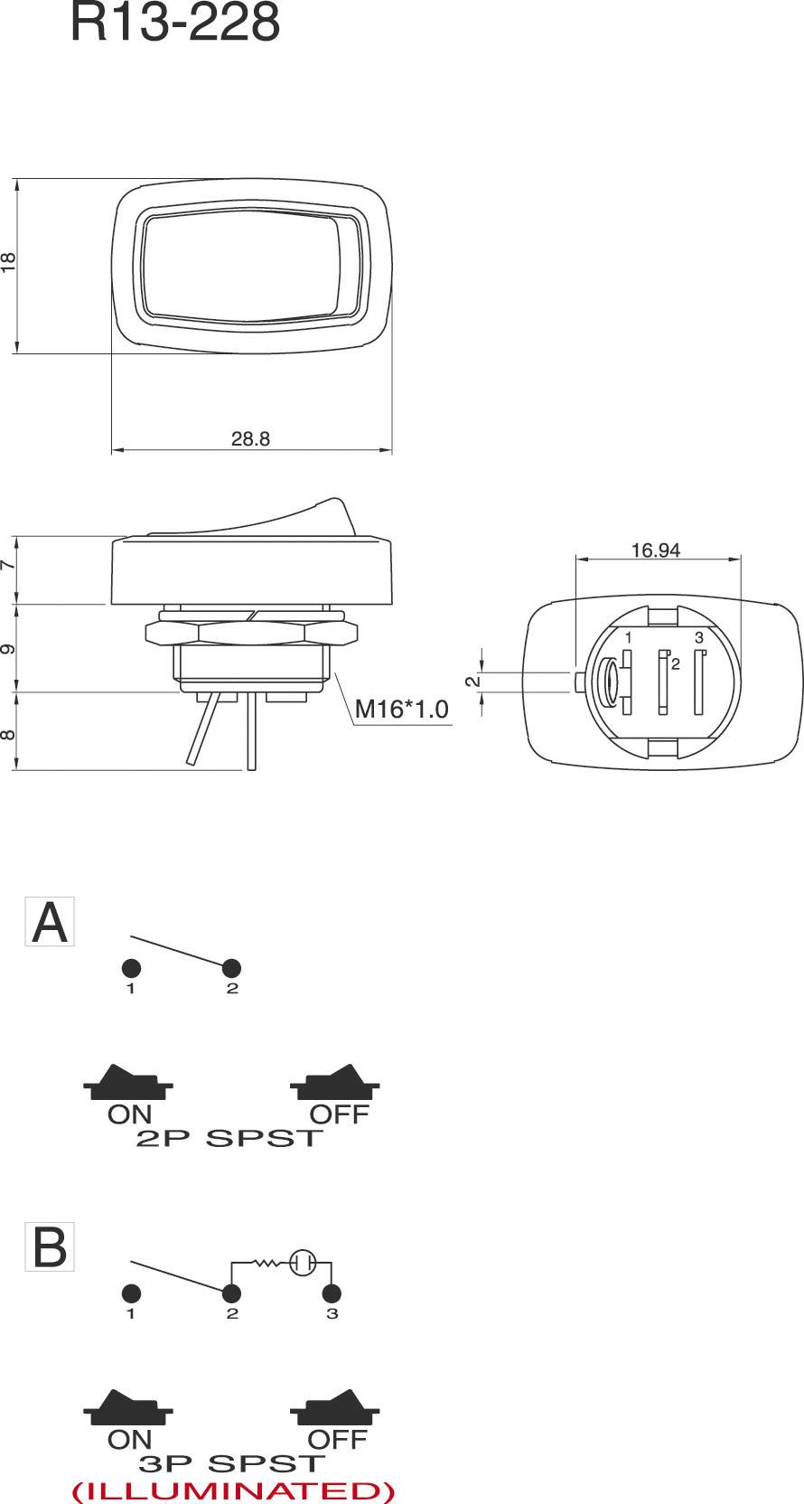 Diagramm eines rechteckigen Schalters R13-228. Oben sind die Maße angezeigt. Unten Schaltpläne: '2P SPST' (A) und '3P SPST (illuminated)' (B).
