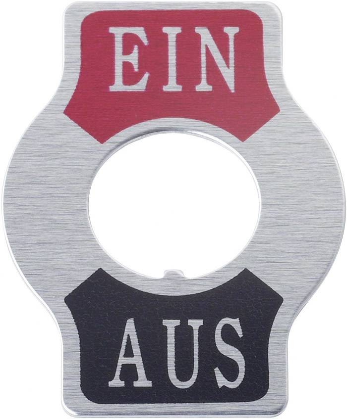 Metallschild mit rotem Textfeld 'EIN' oben und schwarzem Textfeld 'AUS' unten, um einen Schalter anzuzeigen.