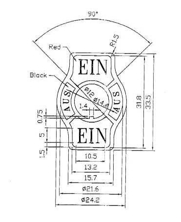 Technische Zeichnung eines Schalters mit Beschriftung 'EIN', 'AUS', 'Black', 'Red'. Abmessungen und Winkel sind angegeben.