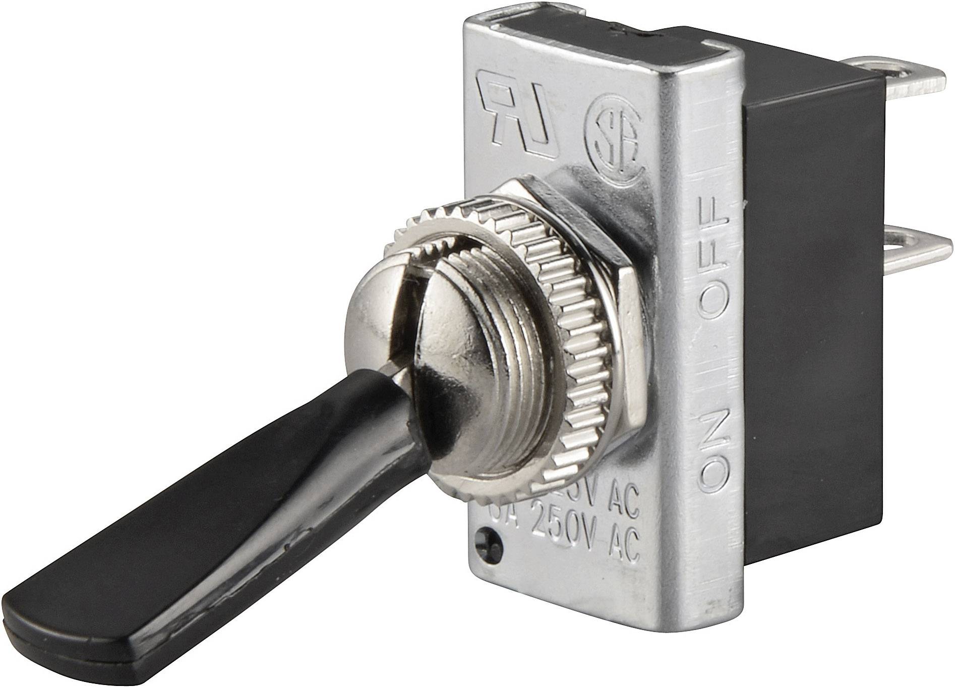 Kippschalter aus Metall, positioniert auf 'ON', mit schwarzem Hebel und zwei Steckkontakten.