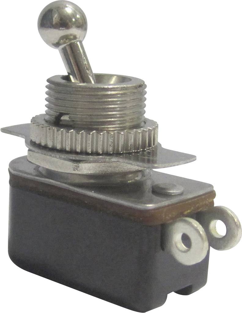 Metallischer Kippschalter mit einer Hebelstange, montiert auf einer rechteckigen Basis mit zwei Befestigungslöchern.