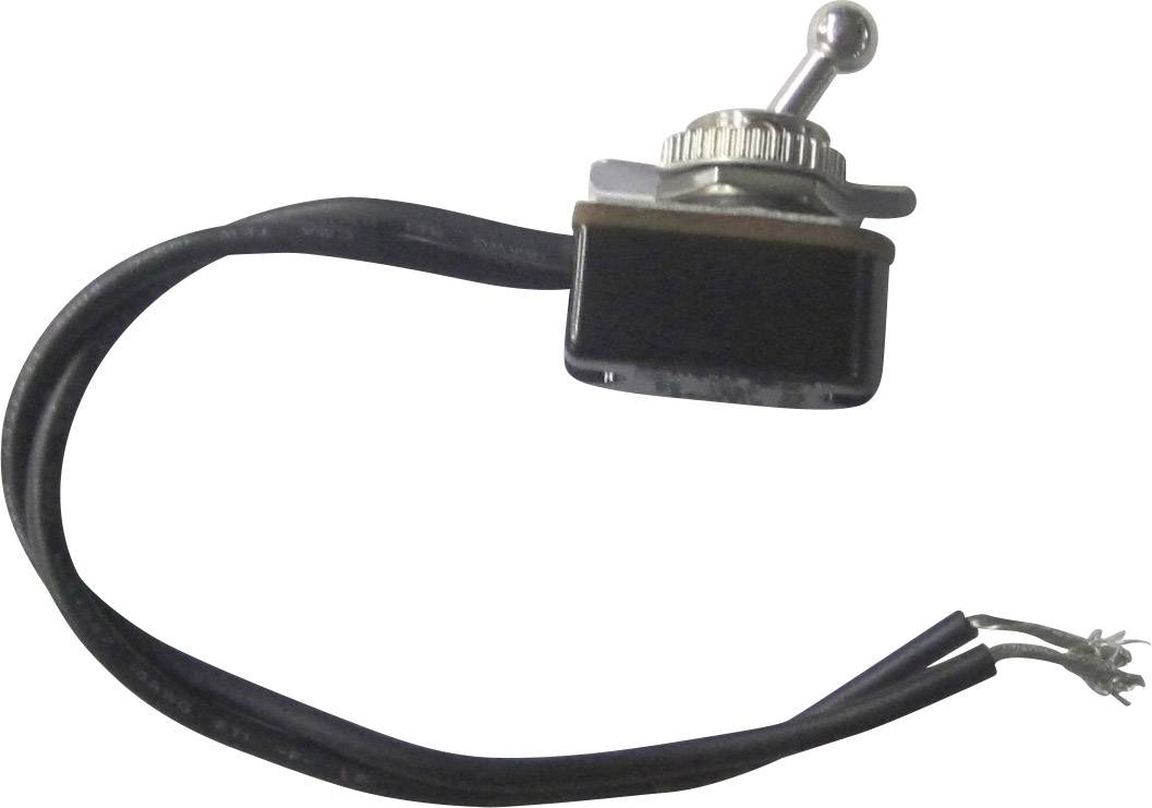 Ein Kippschalter mit schwarzem Kabel und zwei offenen Drahtenden. Der Schalter befindet sich in der Aus-Position.