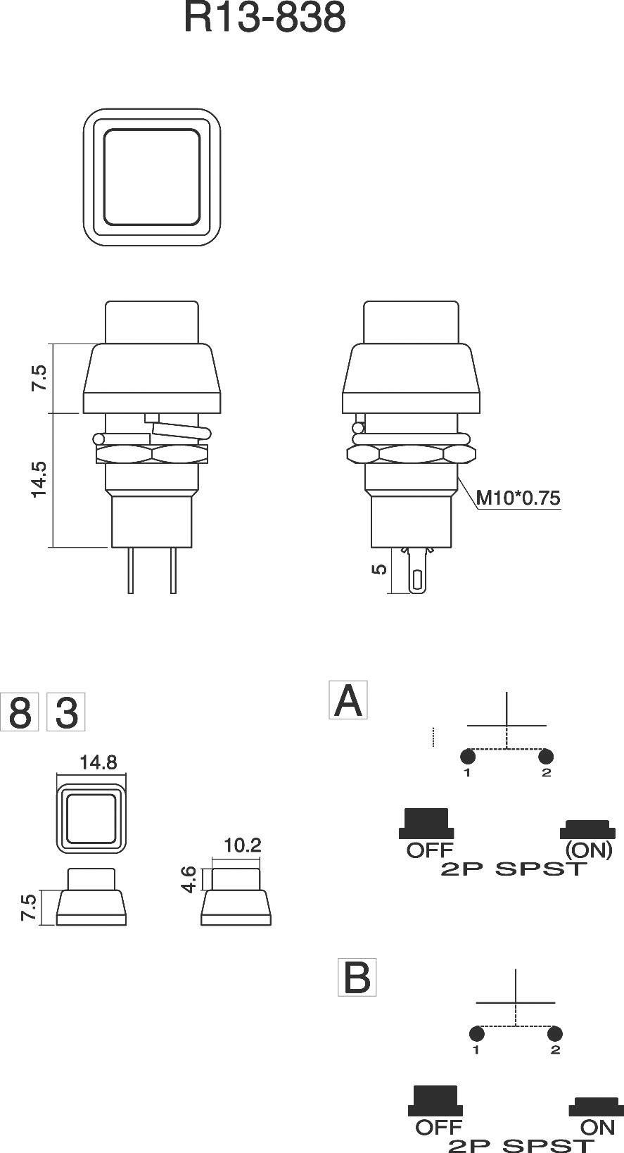 TRU Components 1587720 TC-R13-83B-05BK Druckschalter 250 V/AC 1A 1 x Aus/Ein rastend