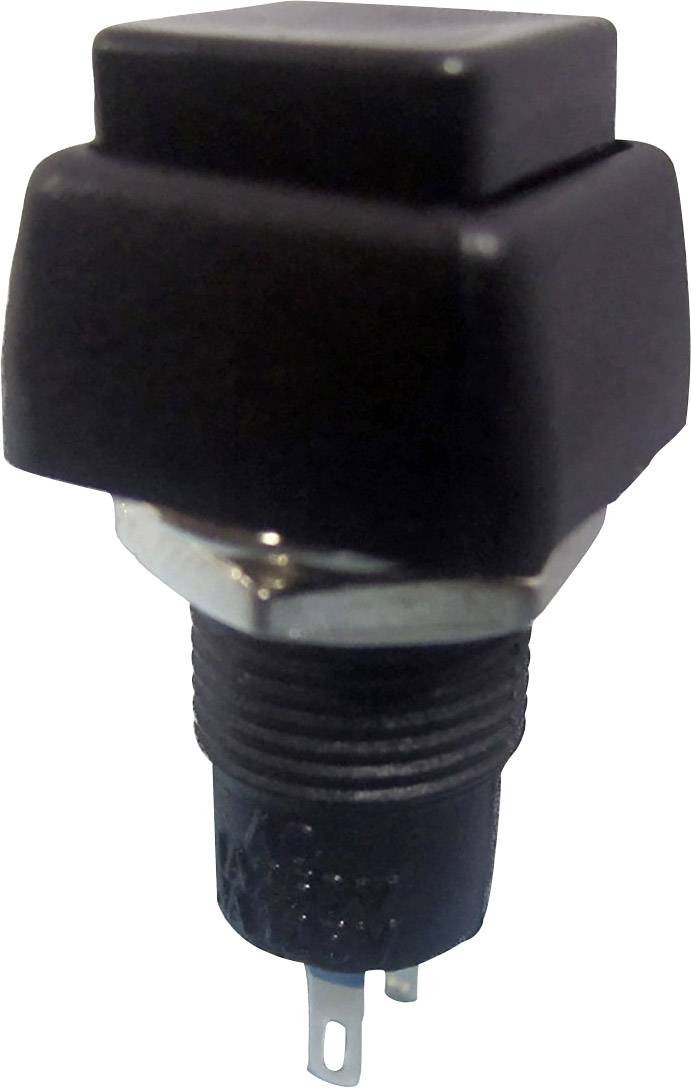 Ein schwarzer Druckschalter mit rechteckigem Knopf und Metallgewinde für die elektrische Verbindung.