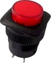 Ein roter Druckknopf mit schwarzem Gehäuse und Metallstiften, typischerweise verwendet für elektronische Schaltungen.