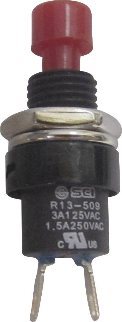 Druckschalter mit rotem Knopf, geeignet für 3A 125VAC und 1.5A 250VAC. Schwarzes Gehäuse mit Metalleinfassung, zweipoliger Anschluss.