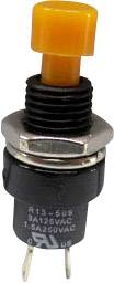 Ein gelber Druckknopfschalter mit Metallrahmen und schwarzem Gehäuse, geeignet für elektrische Anwendungen bis 3A 125VAC.