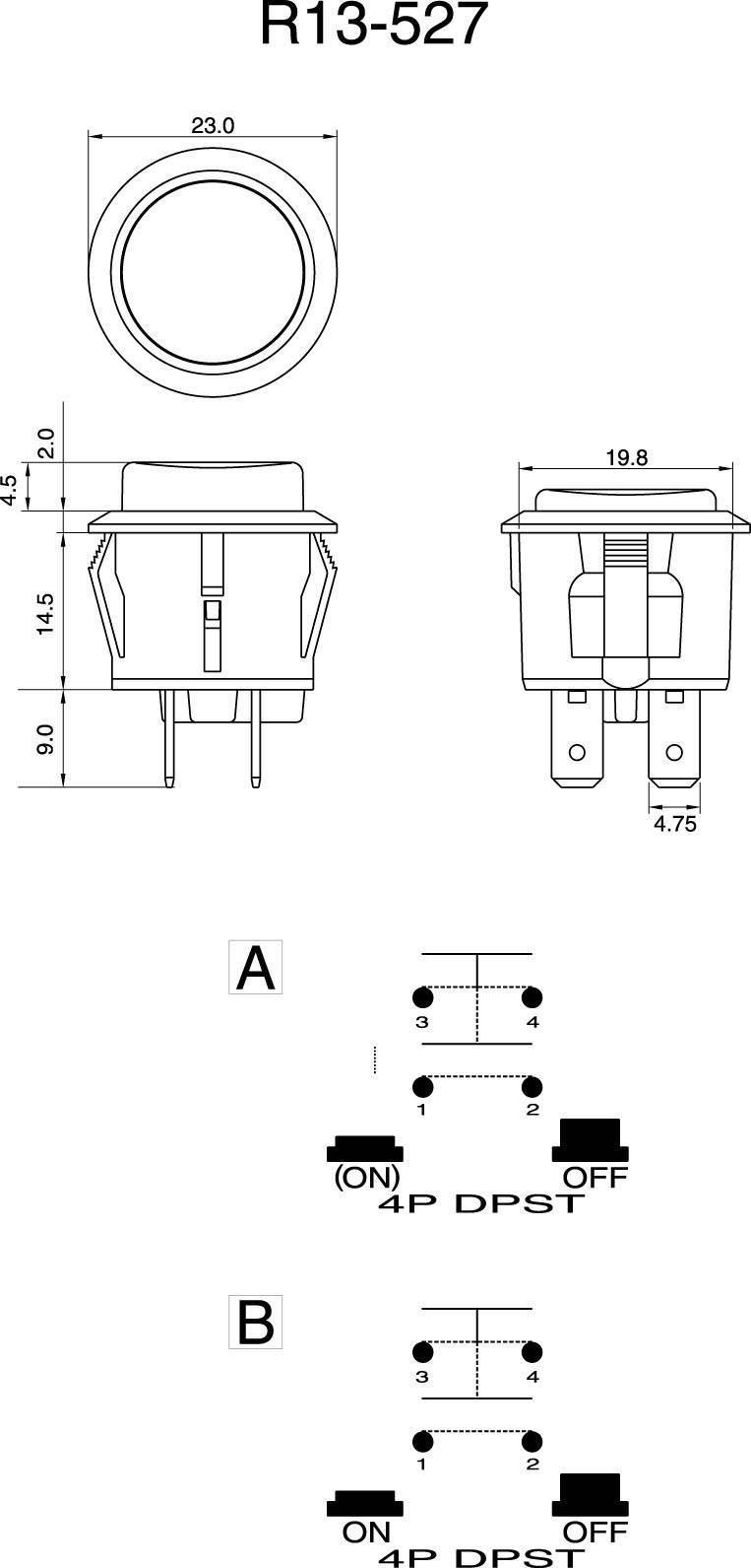 'R13-527' Rundschalter, technische Zeichnungen mit Maßen 23x14,5 mm. Diagramme zeigen Schaltkreise für 4P DPST in Positionen (ON) und OFF.