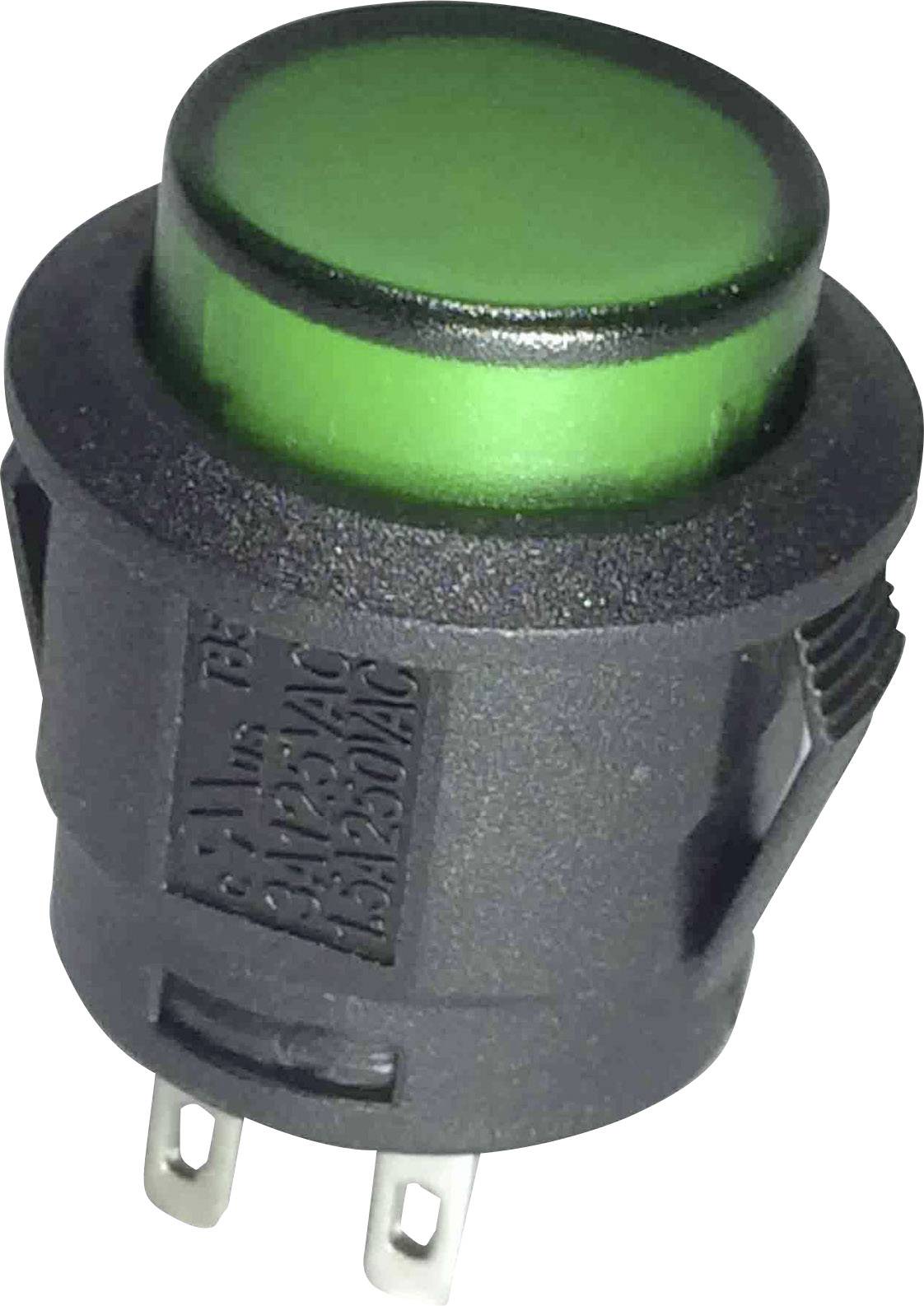 Grüner elektromechanischer Druckknopf, eingesetzt in ein schwarzes Kunststoffgehäuse, mit zwei Metallstiften am unteren Ende.