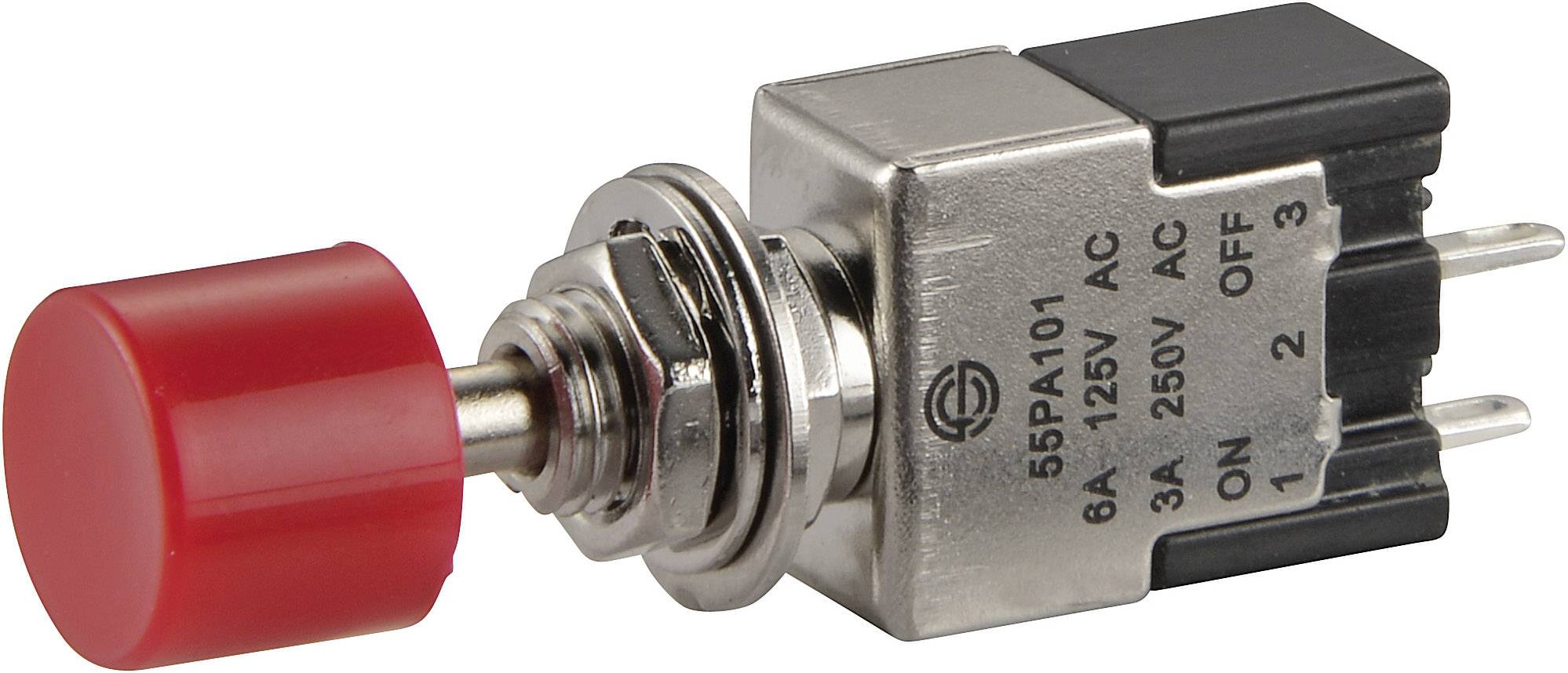 Ein Kippschalter mit rotem Knopf, zeigt Positionen 'ON', 'Off', und '1', spezifiziert für 3A 250V AC.