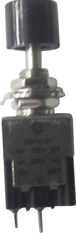 Ein schwarzer Schalter mit Metallgehäuse und zwei Anschlussstiften, möglicherweise ein Druckschalter für elektrische Geräte.